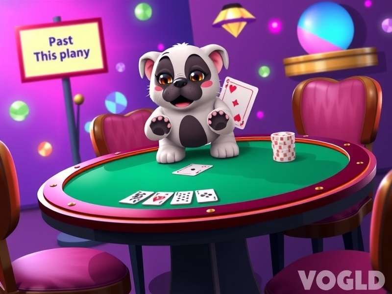 Vegas World Puppy Poker gameplay screenshot showing a virtual poker table with adorable dog avatars