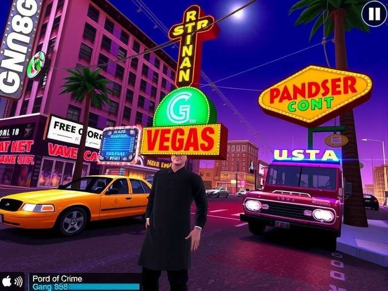 Neon-lit Las Vegas Strip at night with vibrant casino signs and bustling streets, representing Gangstar Vegas World Of Crime