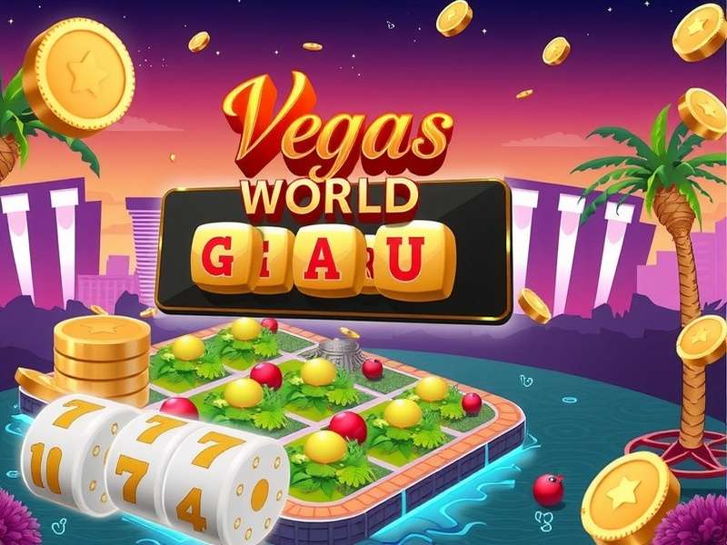 Vegas World Gra casino interface showing slots, bingo, and poker tables with vibrant neon lighting