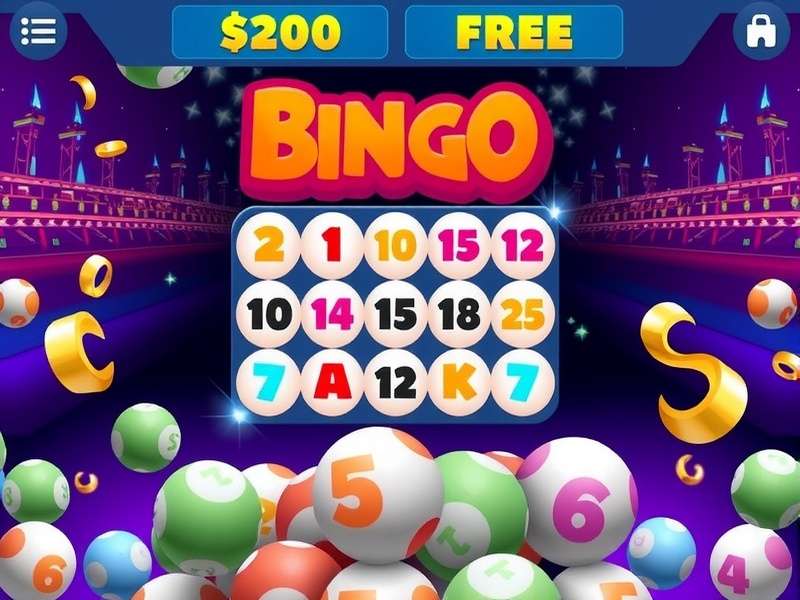 Vegas World Zone Bingo neon sign with slot machines and bingo cards in the background